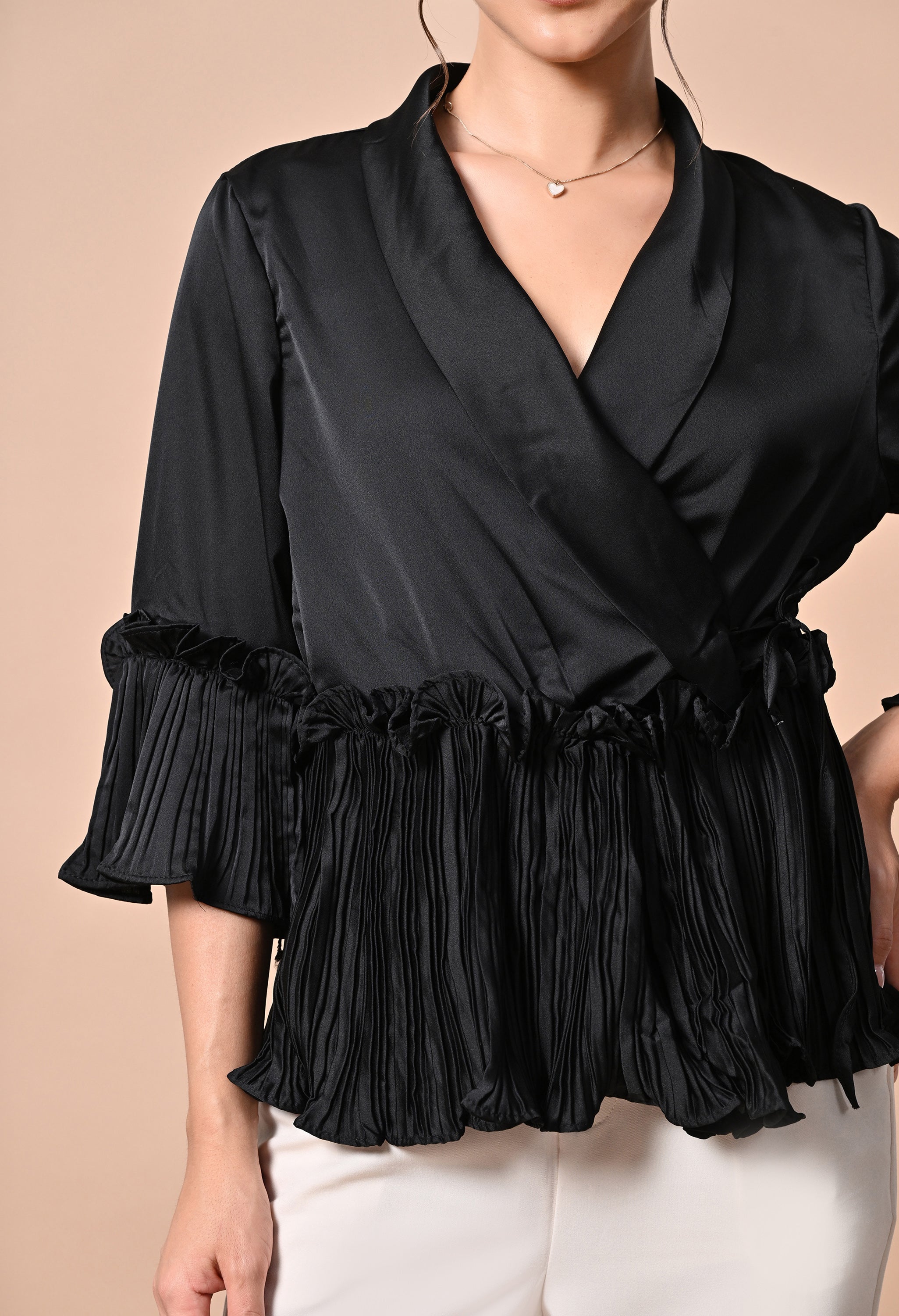 pankh molle satin ruffle wrap up blouse