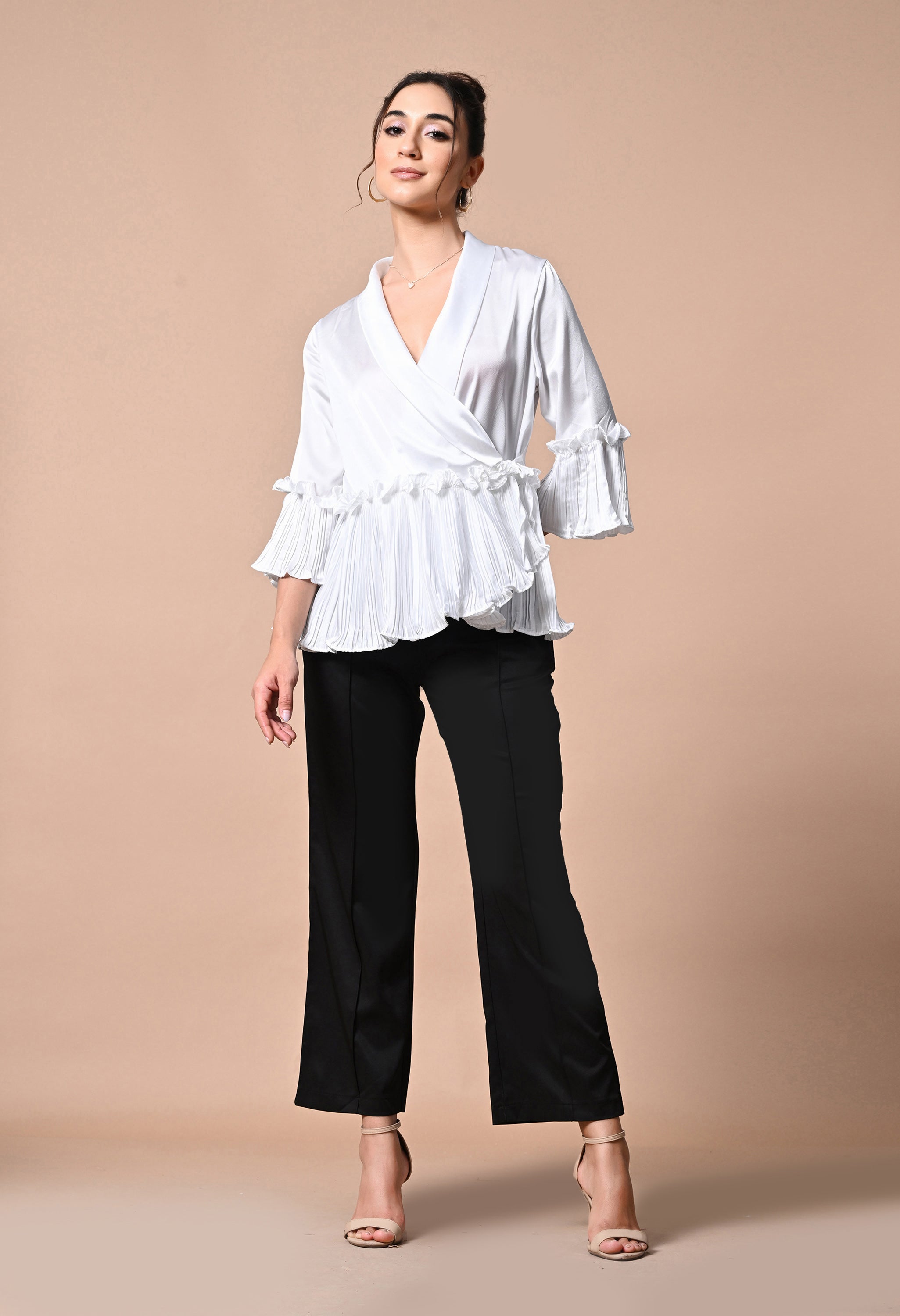 pankh molle satin ruffle wrap up blouse