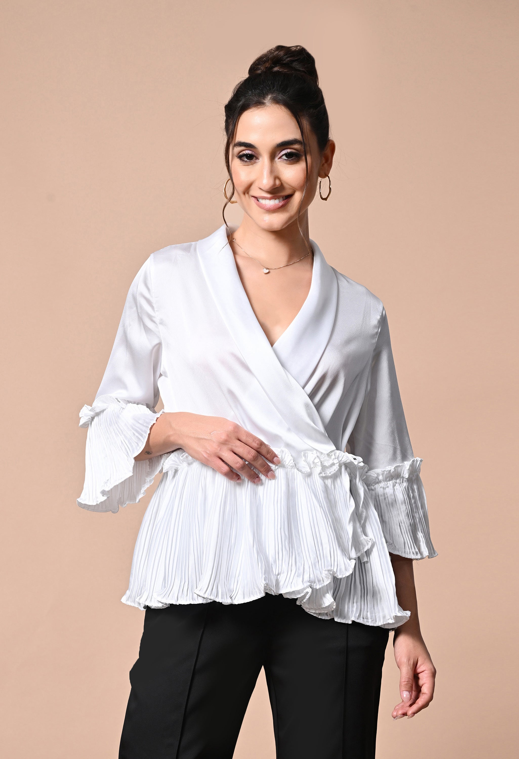 pankh molle satin ruffle wrap up blouse