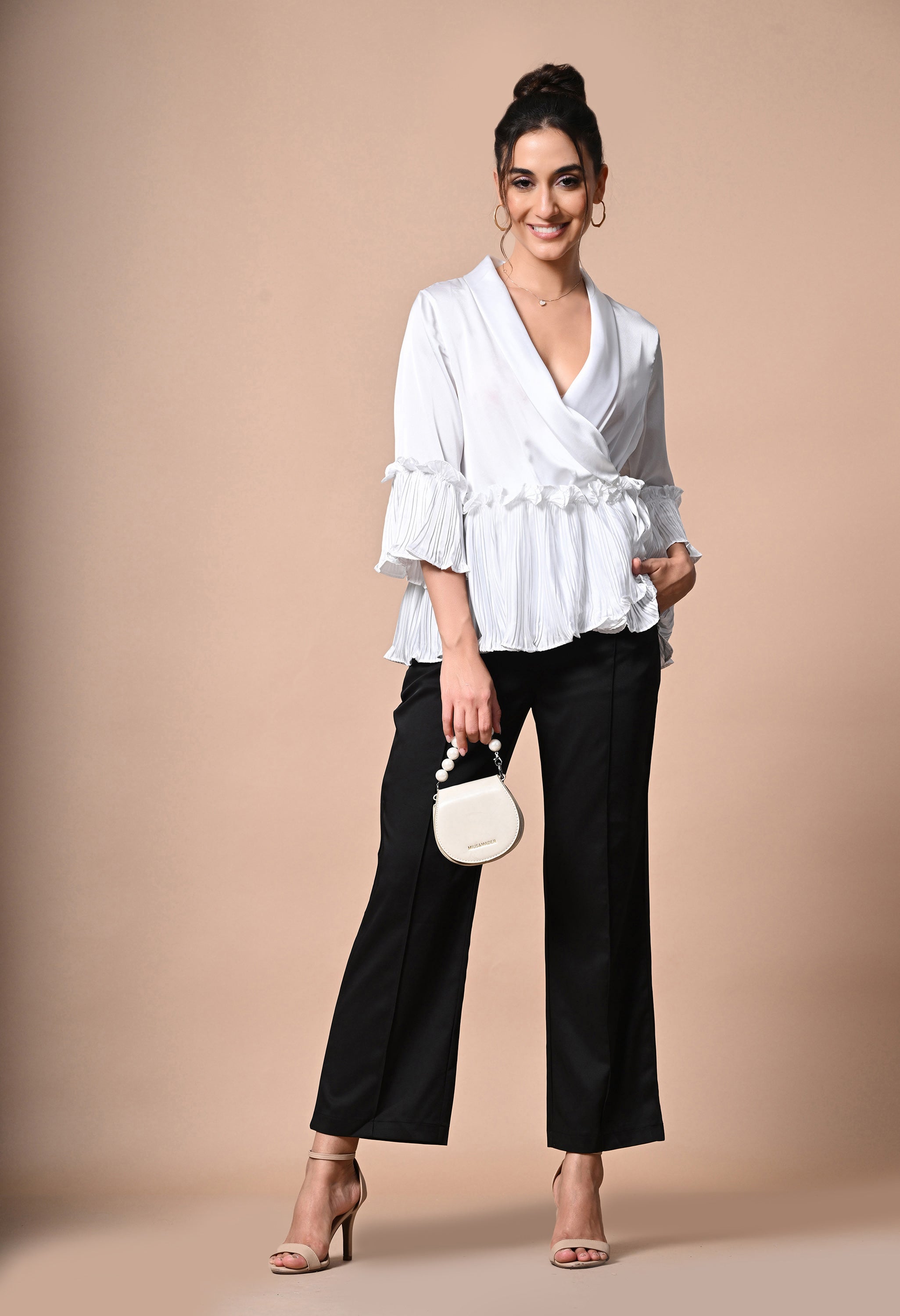 pankh molle satin ruffle wrap up blouse