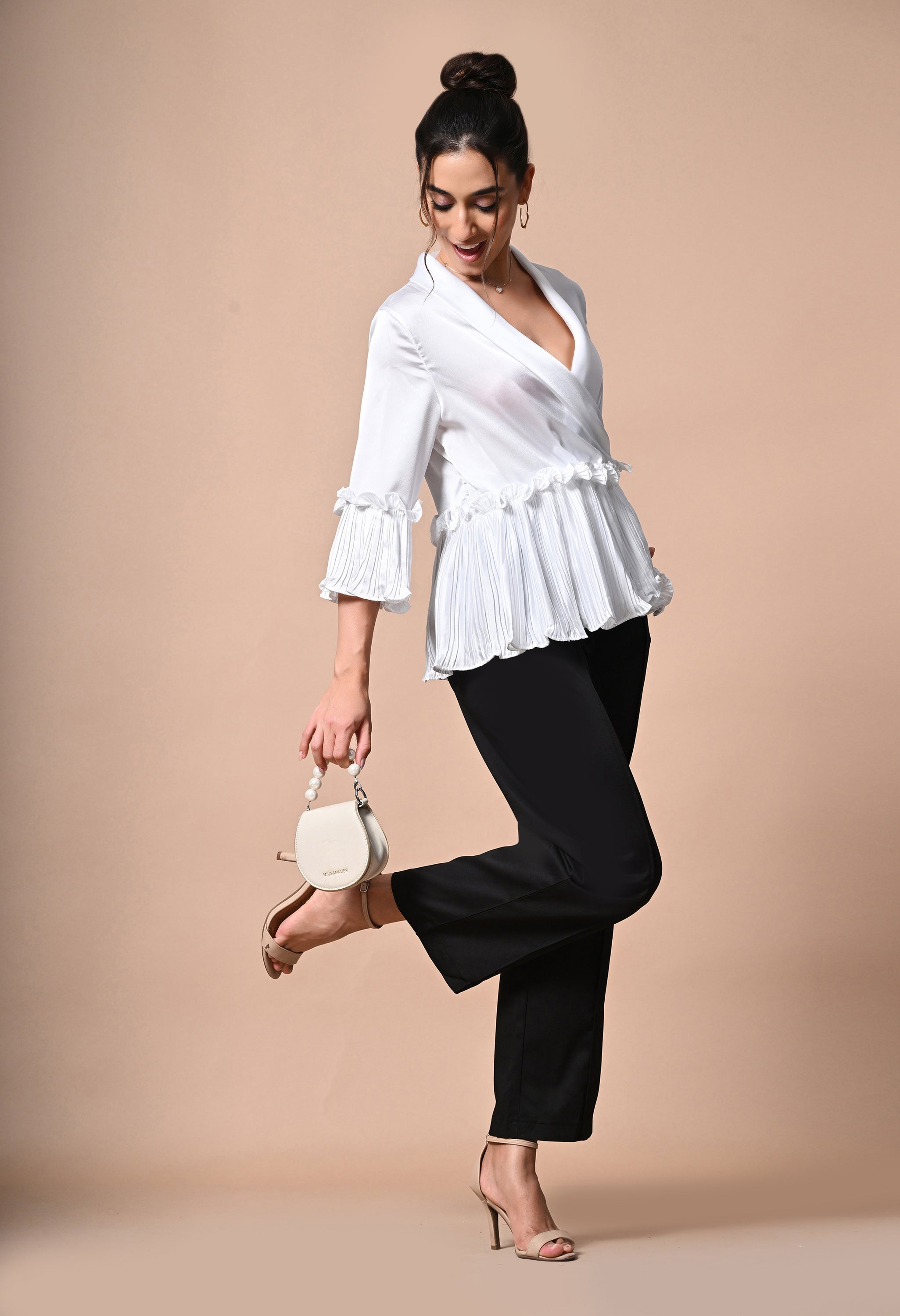 pankh molle satin ruffle wrap up blouse