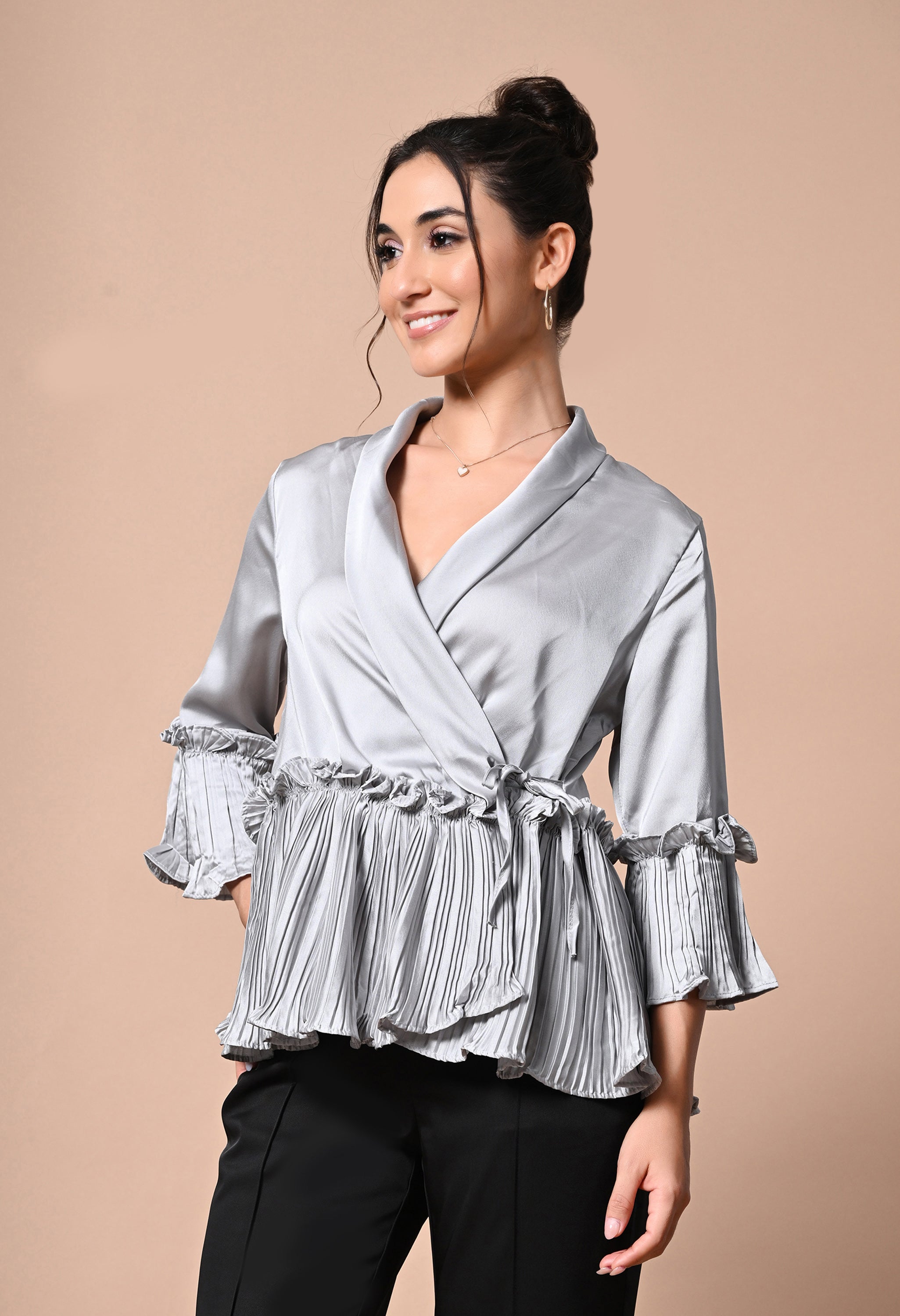pankh molle satin ruffle wrap up blouse
