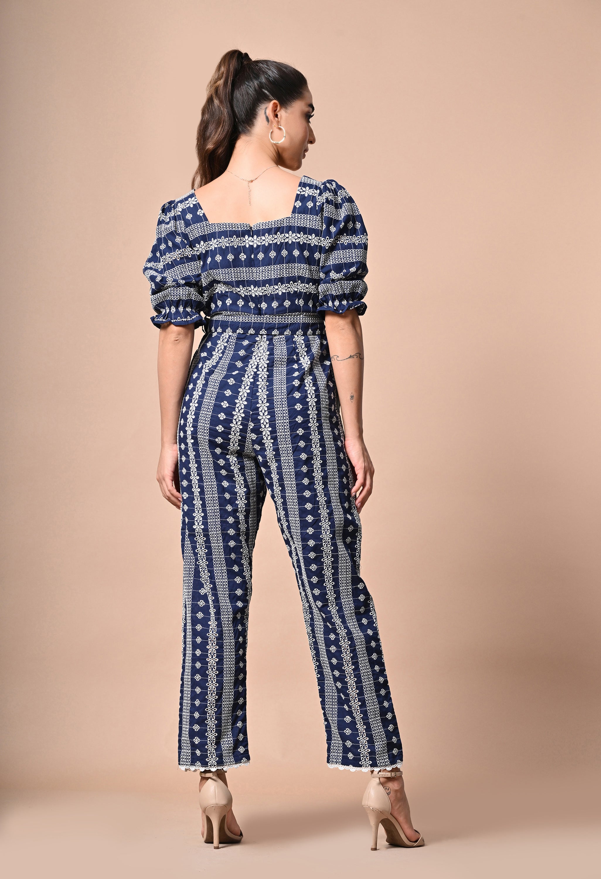 Pankh Griffin Pearl Neck Schiffli Cotton embroidered Jumpsuit with Belt