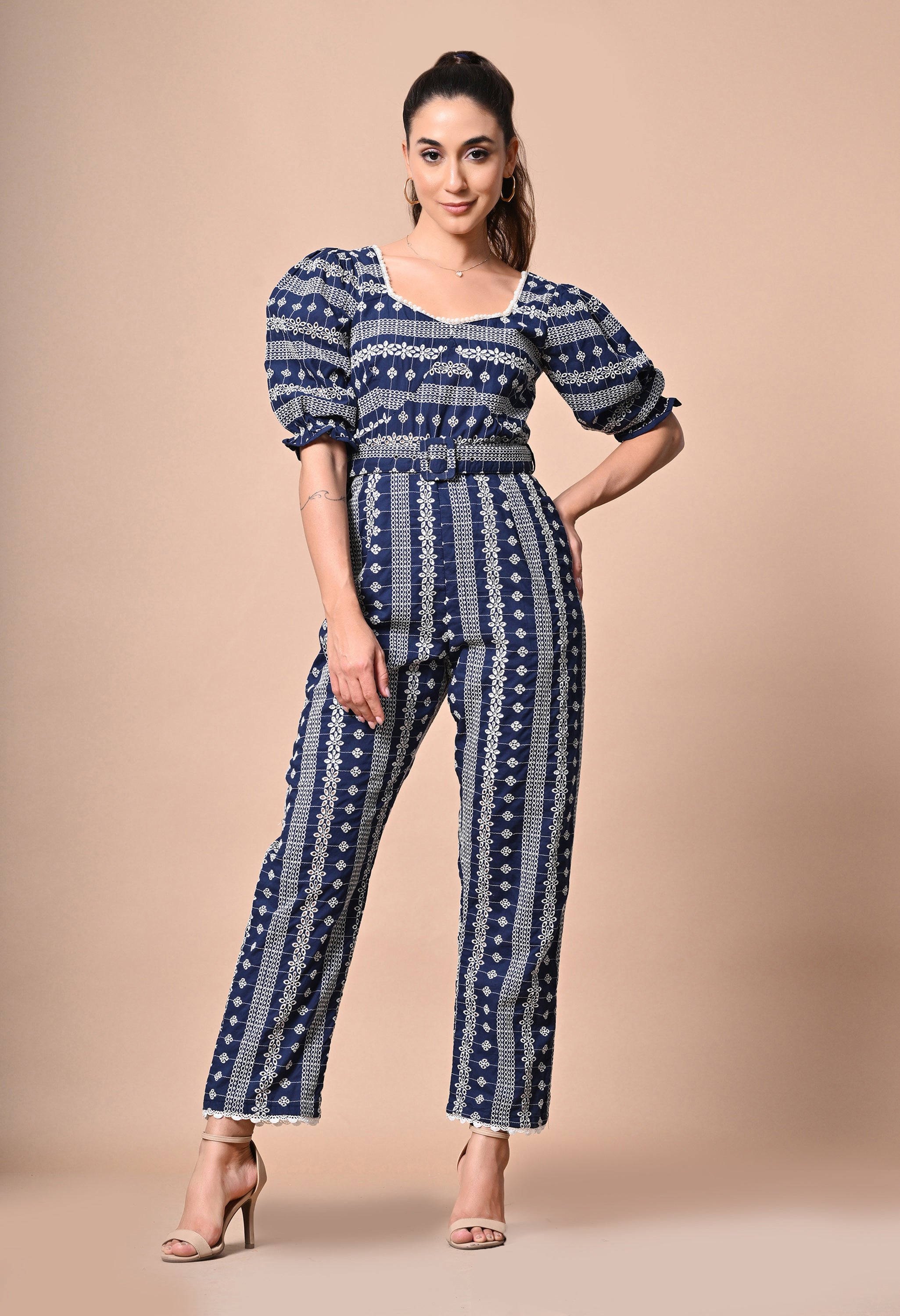 Pankh Griffin Pearl Neck Schiffli Cotton embroidered Jumpsuit with Belt