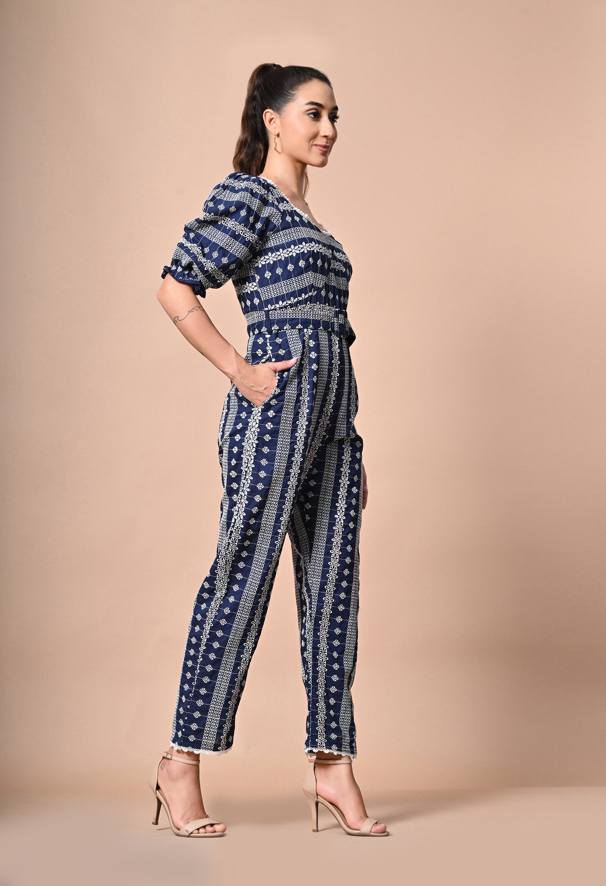 Pankh Griffin Pearl Neck Schiffli Cotton embroidered Jumpsuit with Belt