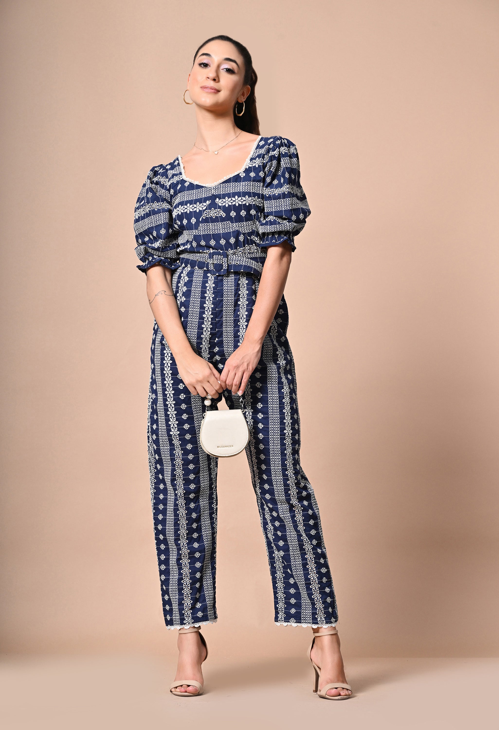 Pankh Griffin Pearl Neck Schiffli Cotton embroidered Jumpsuit with Belt