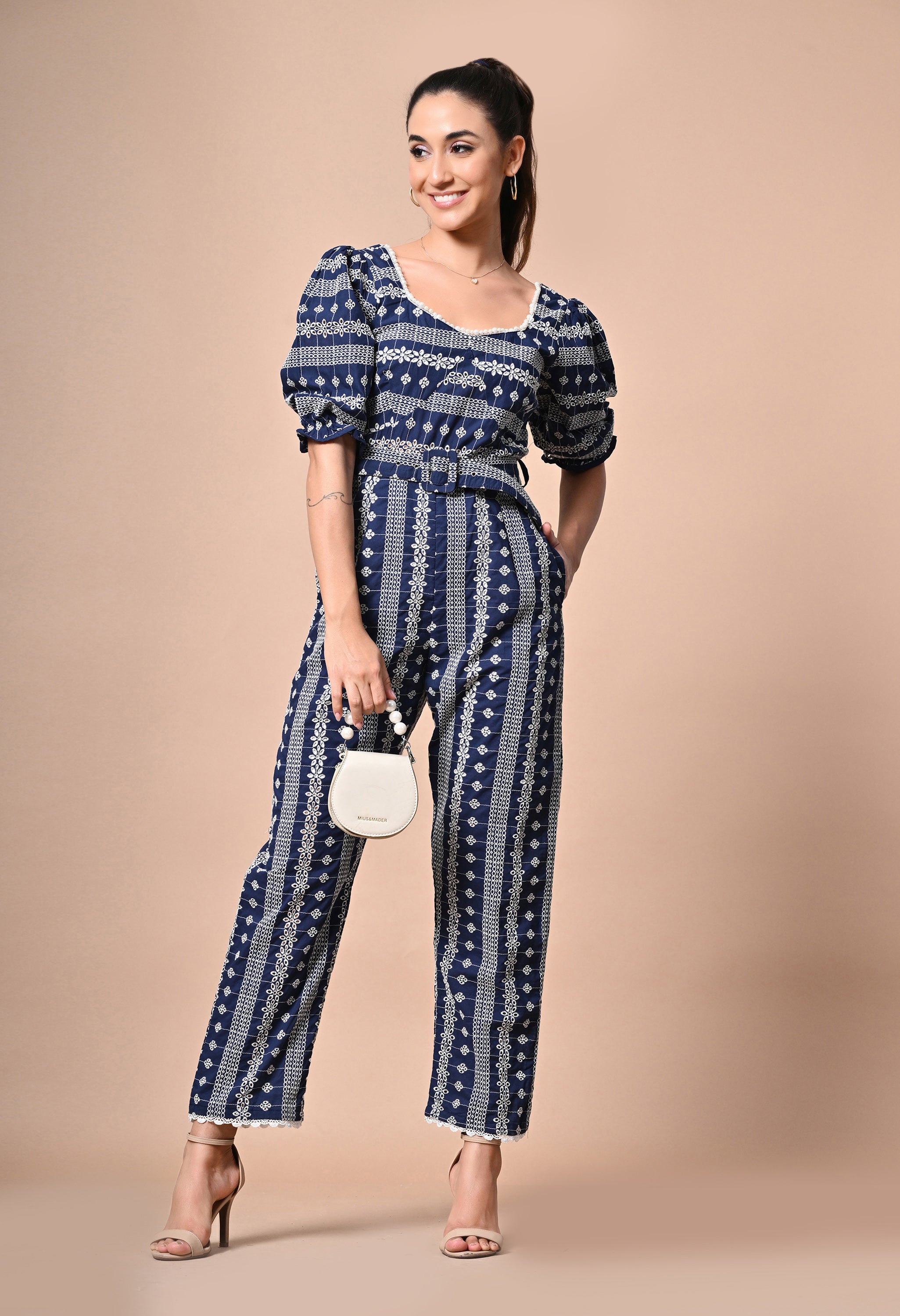 Pankh Griffin Pearl Neck Schiffli Cotton embroidered Jumpsuit with Belt