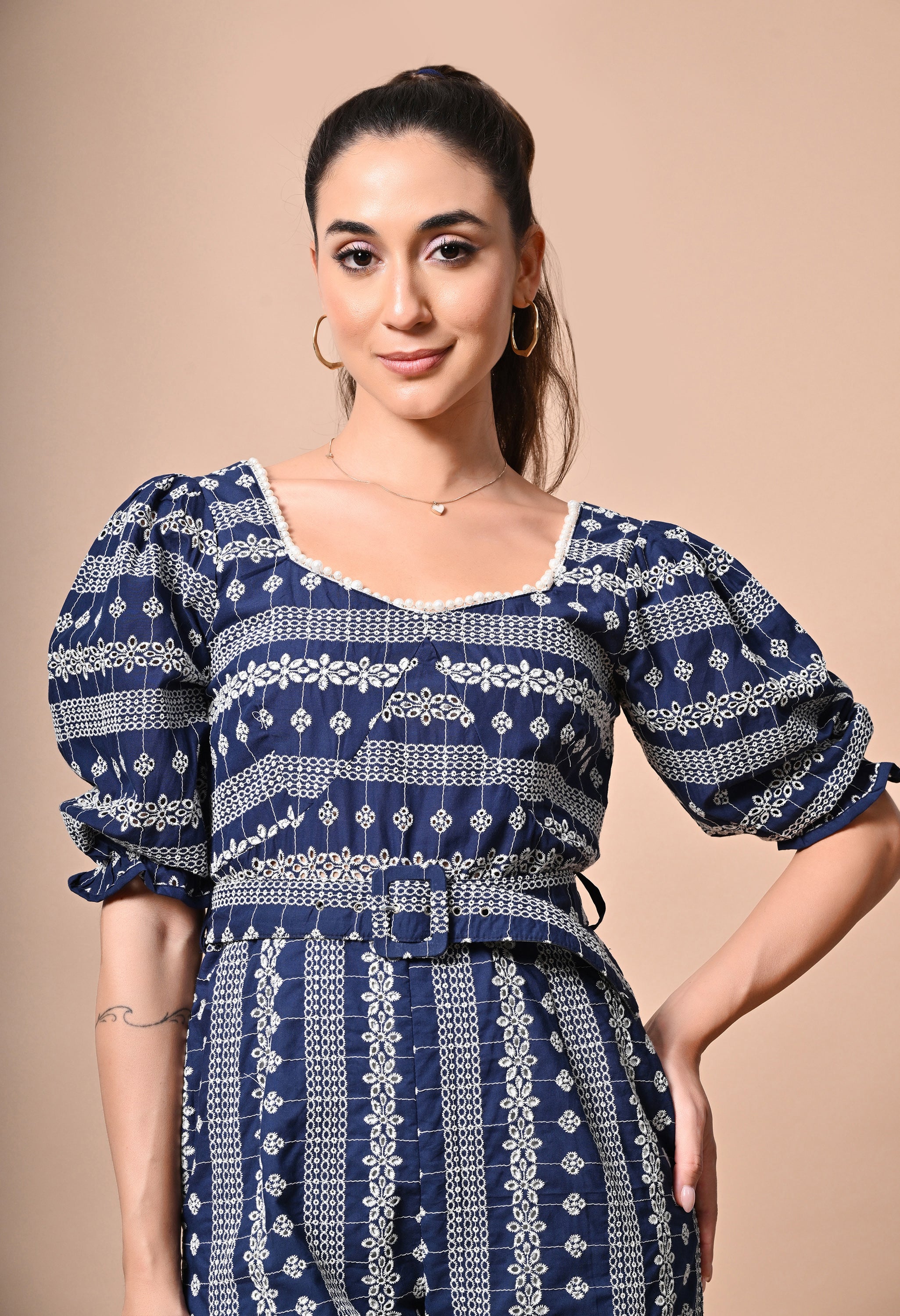 Pankh Griffin Pearl Neck Schiffli Cotton embroidered Jumpsuit with Belt