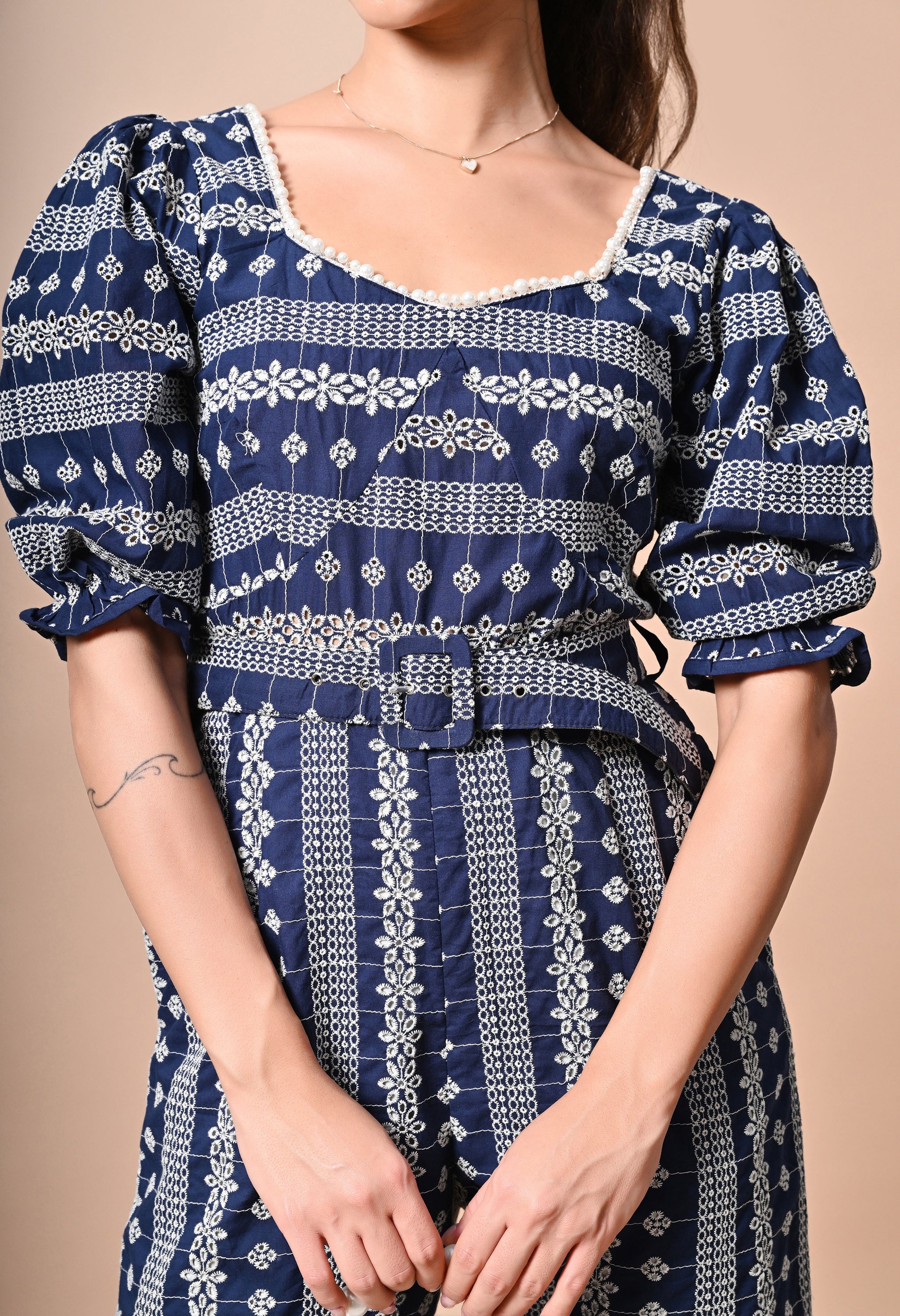 Pankh Griffin Pearl Neck Schiffli Cotton embroidered Jumpsuit with Belt