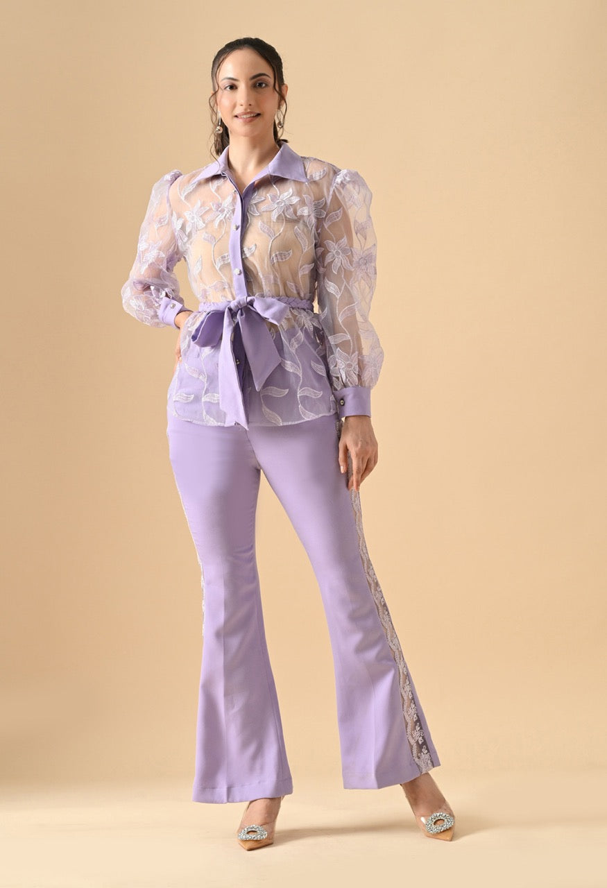 Pankh Alexey Designer Organza Handwork Flower Shirt And Straight Fit Pant With Belt