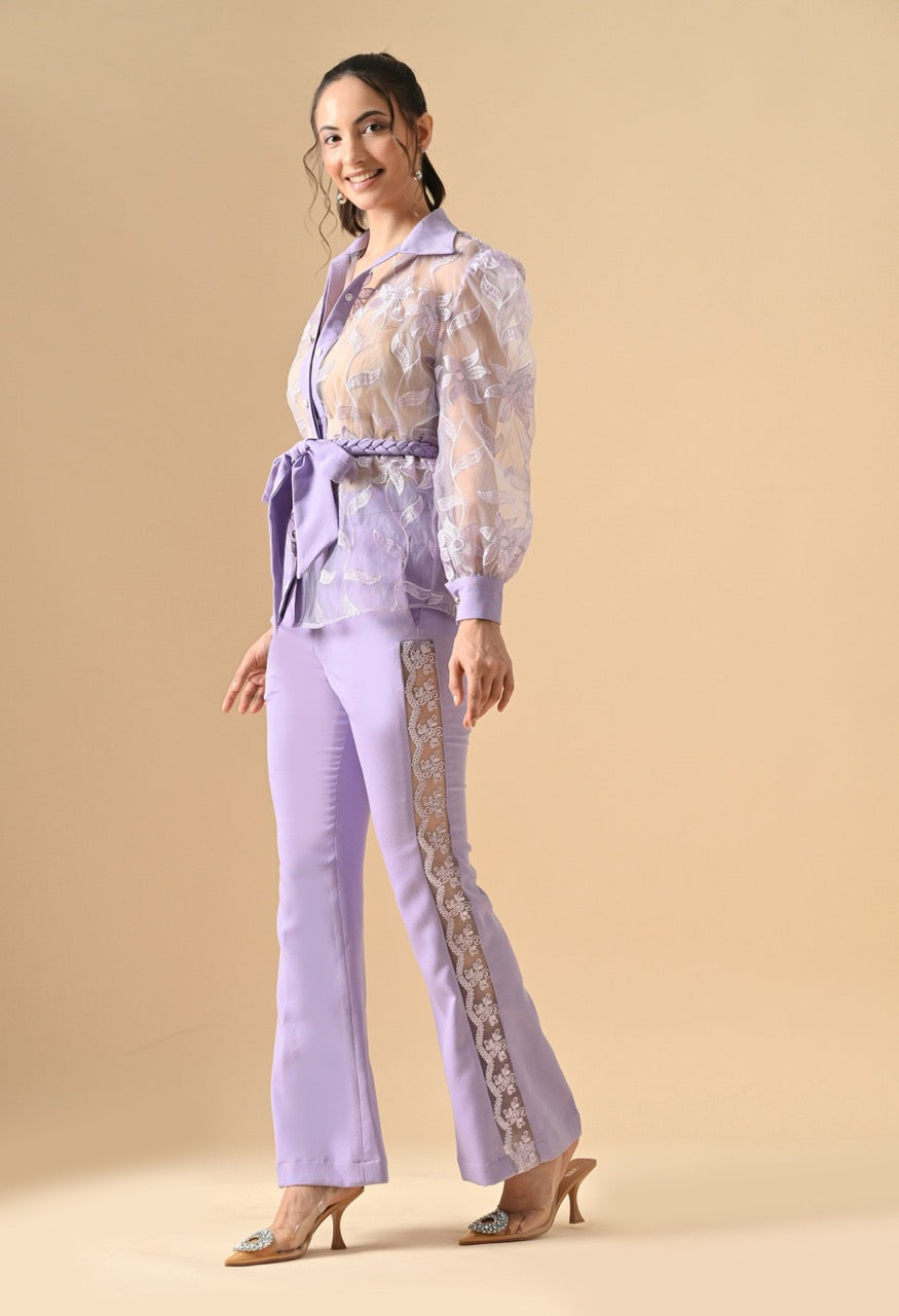 Pankh Alexey Designer Organza Handwork Flower Shirt And Straight Fit Pant With Belt