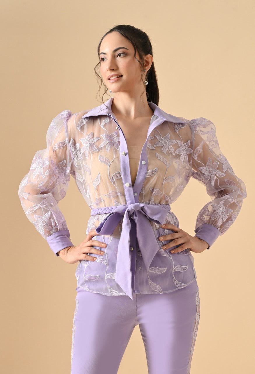 Pankh Alexey Designer Organza Handwork Flower Shirt And Straight Fit Pant With Belt