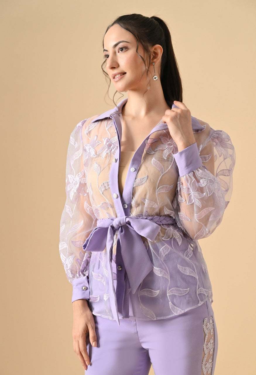 Pankh Alexey Designer Organza Handwork Flower Shirt And Straight Fit Pant With Belt