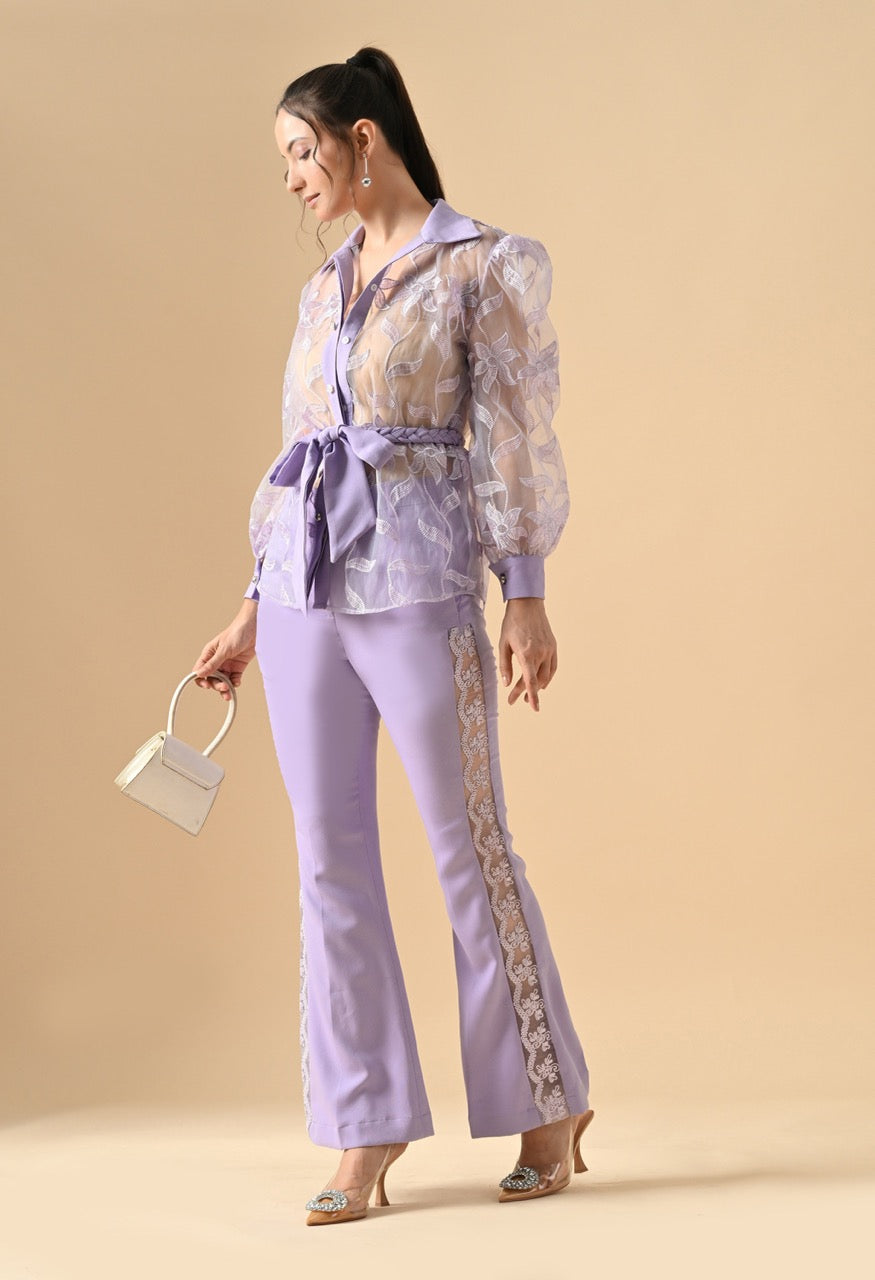 Pankh Alexey Designer Organza Handwork Flower Shirt And Straight Fit Pant With Belt