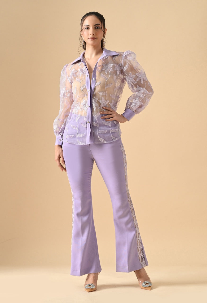 Pankh Alexey Designer Organza Handwork Flower Shirt And Straight Fit Pant With Belt