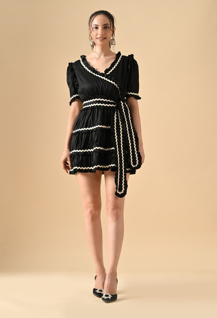 Pankh Zuri Contrast Ric Rac Ruffle Pure Cotton Mini Dress With Belt
