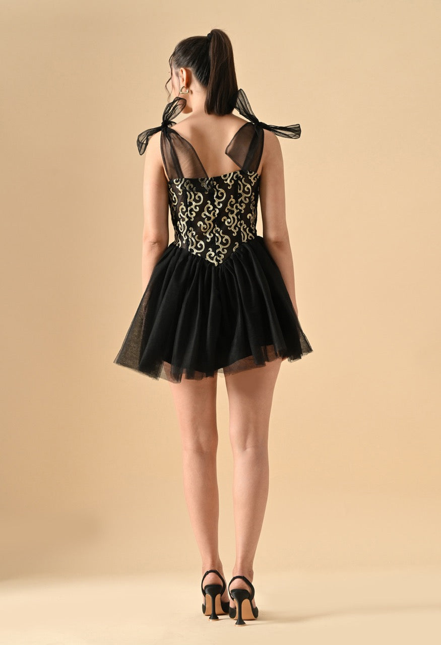 Pankh Kalea Gold Detailing Net Party Wear Corset and Leather Mini Dress