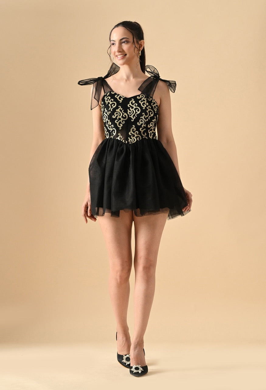 Pankh Kalea Gold Detailing Net Party Wear Corset and Leather Mini Dress