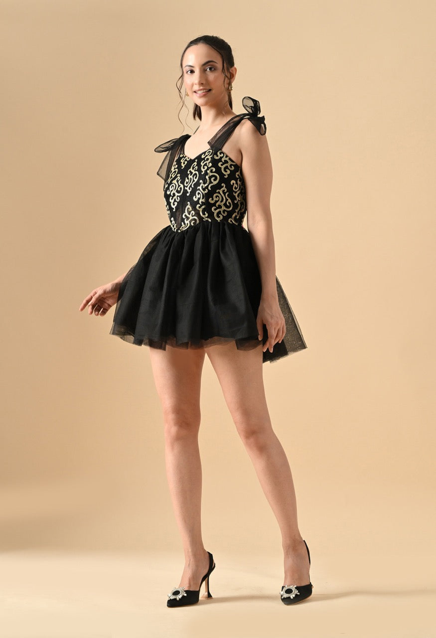 Pankh Kalea Gold Detailing Net Party Wear Corset and Leather Mini Dress