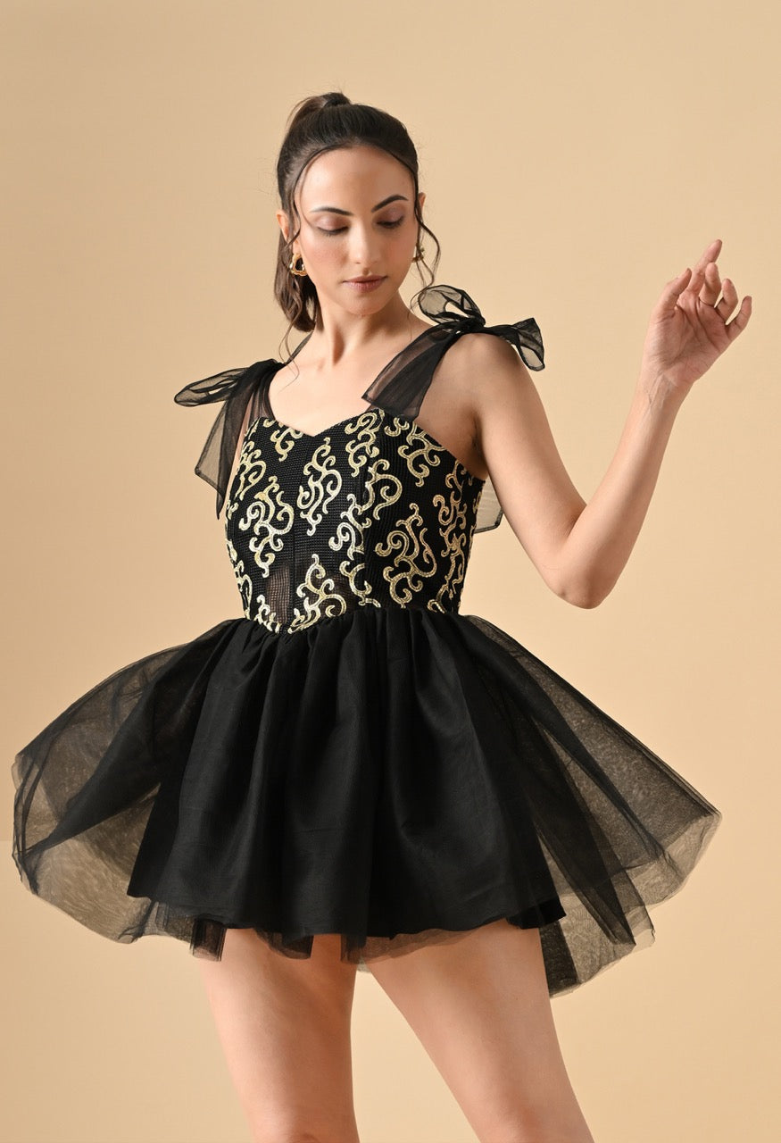 Pankh Kalea Gold Detailing Net Party Wear Corset and Leather Mini Dress
