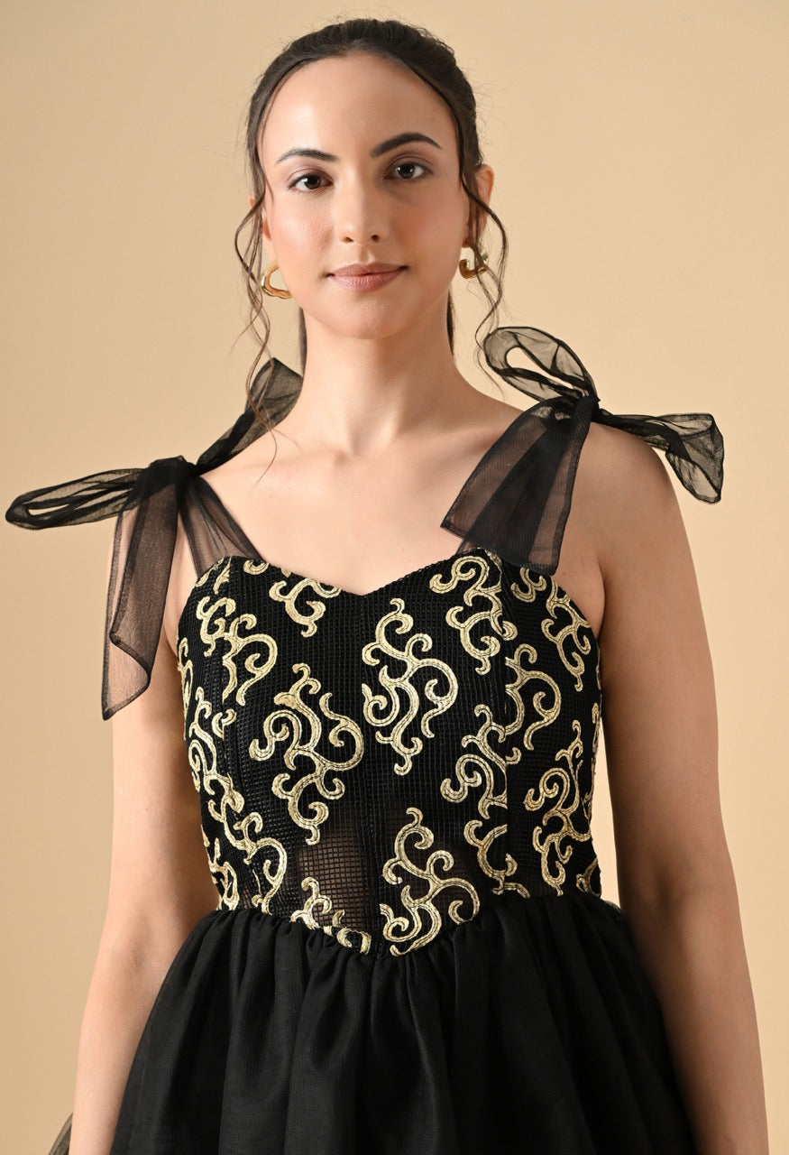 Pankh Kalea Gold Detailing Net Party Wear Corset and Leather Mini Dress