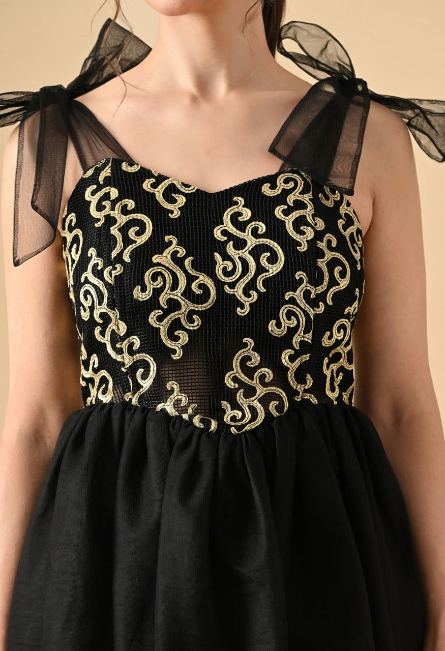 Pankh Kalea Gold Detailing Net Party Wear Corset and Leather Mini Dress