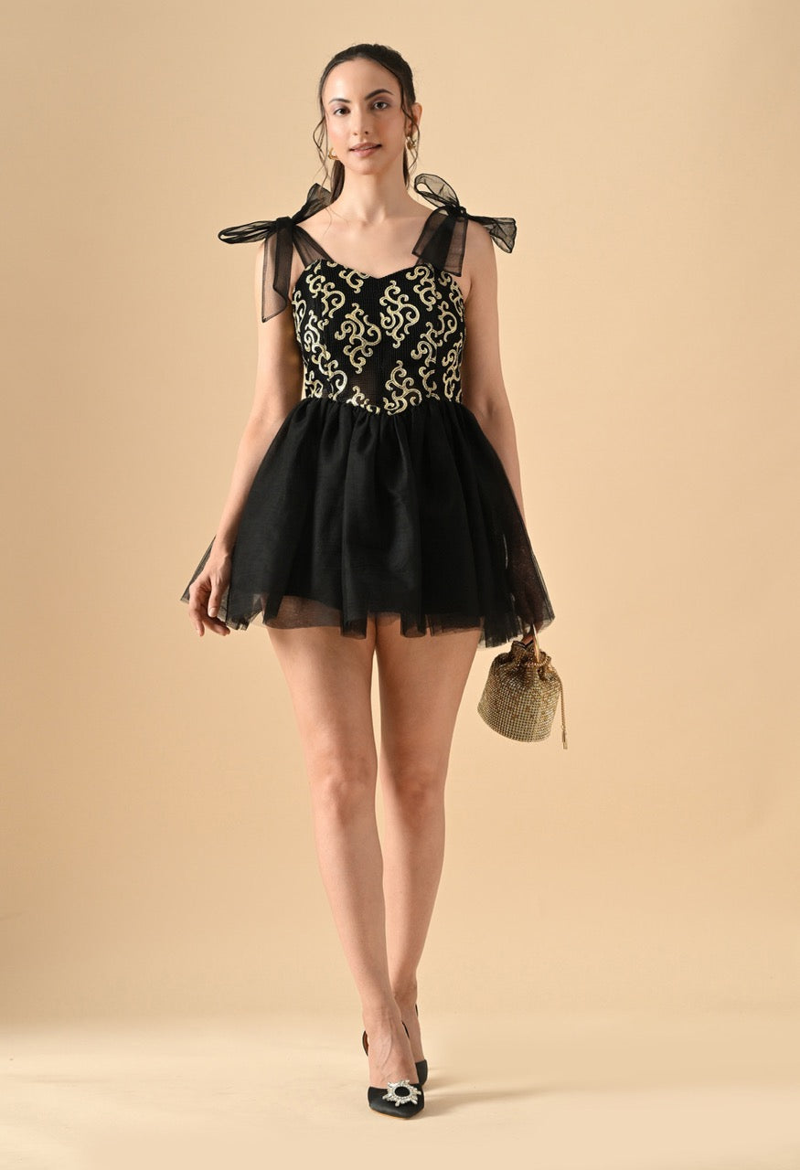 Pankh Kalea Gold Detailing Net Party Wear Corset and Leather Mini Dress