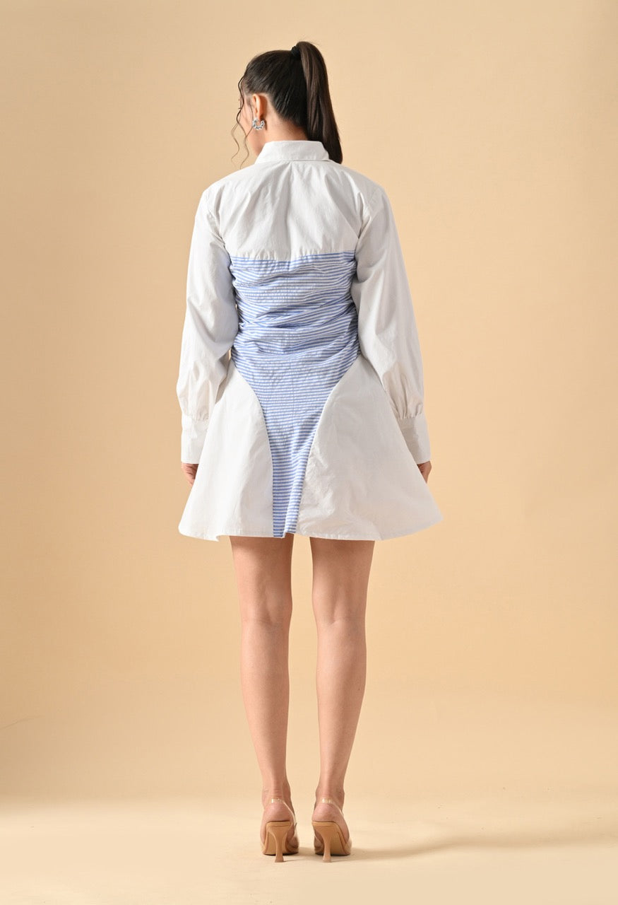 Pankh Kira Ruched Panel Cotton & Stripe Mini Shirt Dress