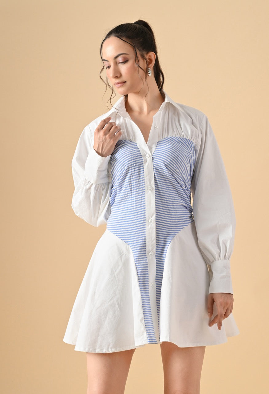 Pankh Kira Ruched Panel Cotton & Stripe Mini Shirt Dress