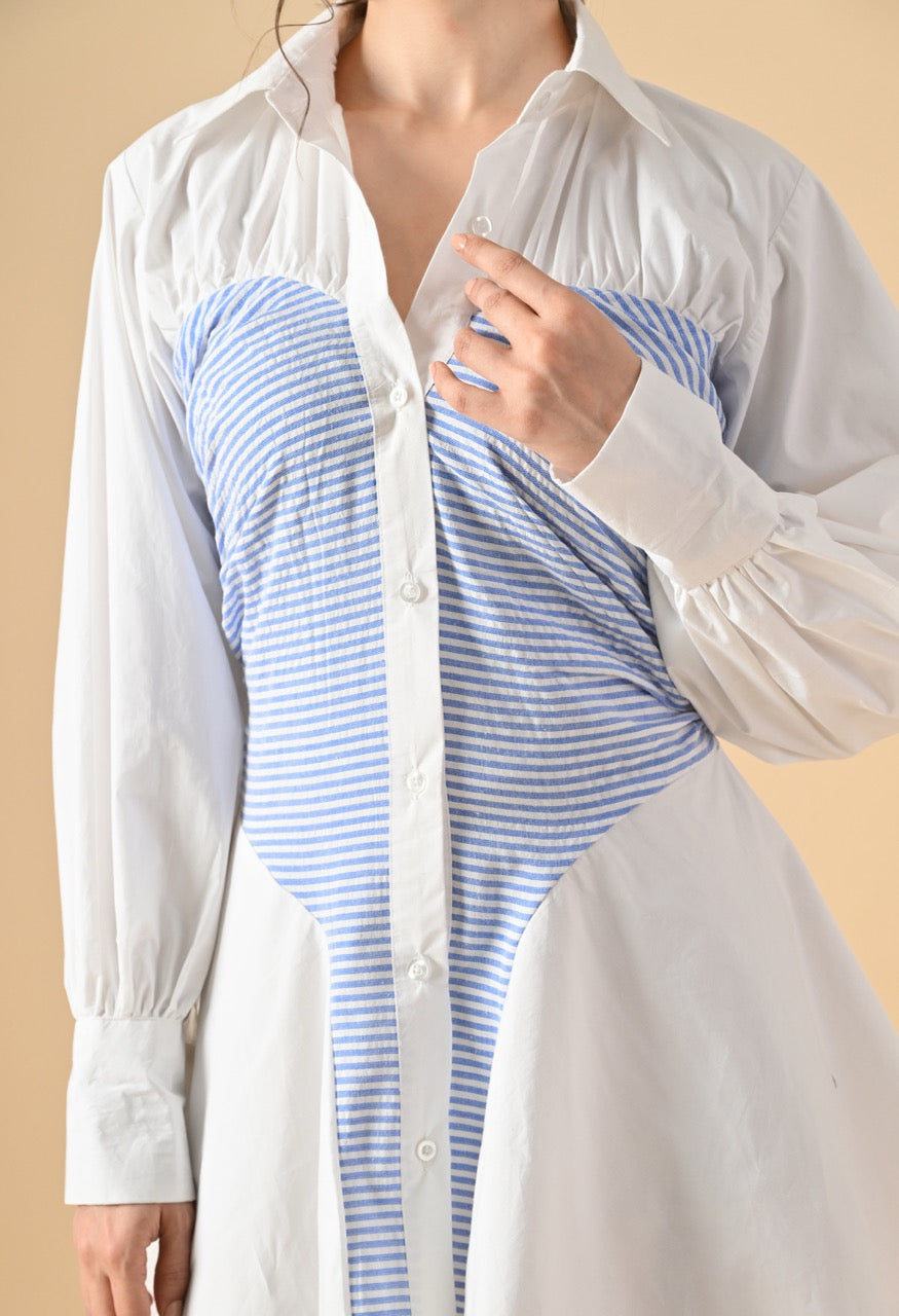 Pankh Kira Ruched Panel Cotton & Stripe Mini Shirt Dress