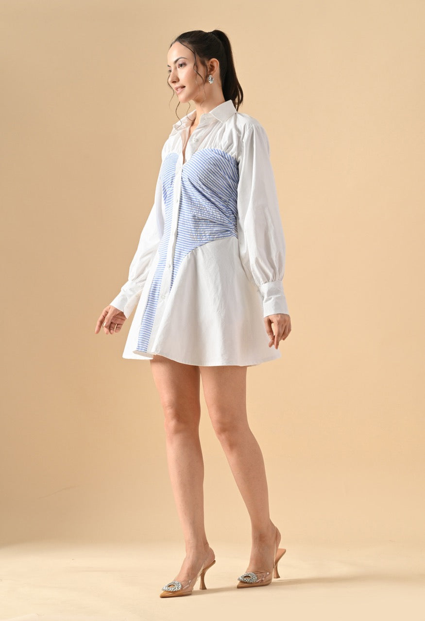Pankh Kira Ruched Panel Cotton & Stripe Mini Shirt Dress