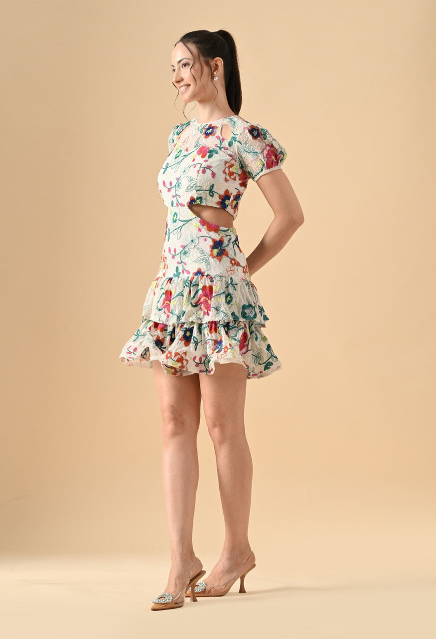Pankh Axel Luxe Cut Out Floral Lace Mini Dress