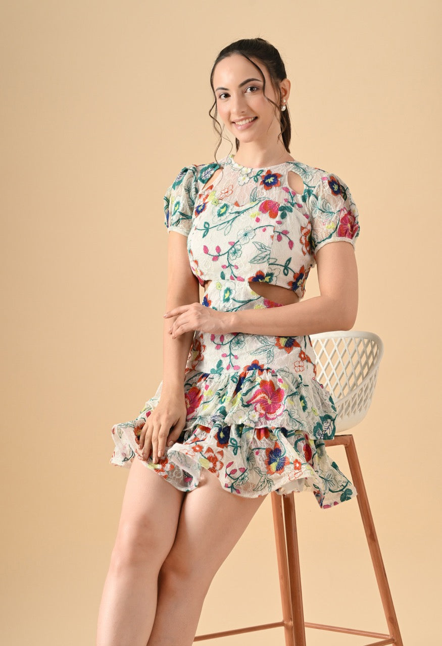 Pankh Axel Luxe Cut Out Floral Lace Mini Dress