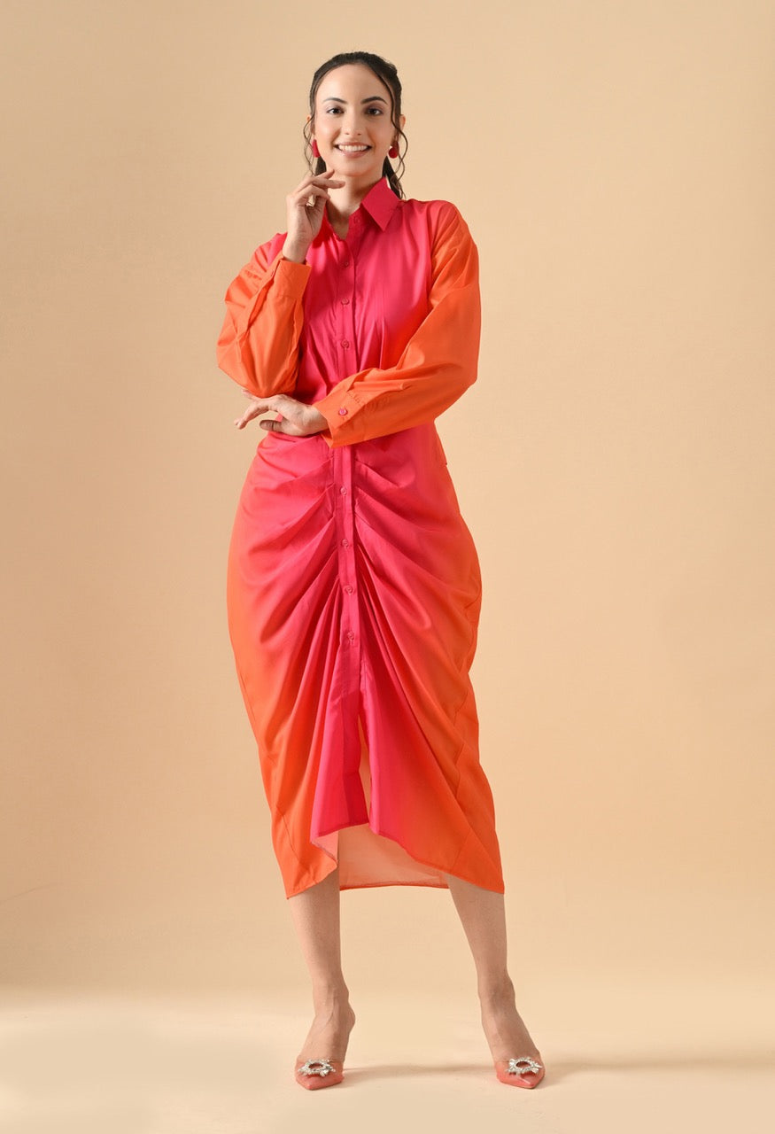 Pankh Rosie Casual Printed Tie Wrap Ruched Maxi Shirt Dress