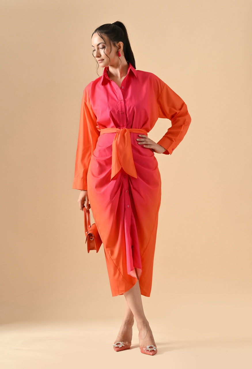 Pankh Rosie Casual Printed Tie Wrap Ruched Maxi Shirt Dress