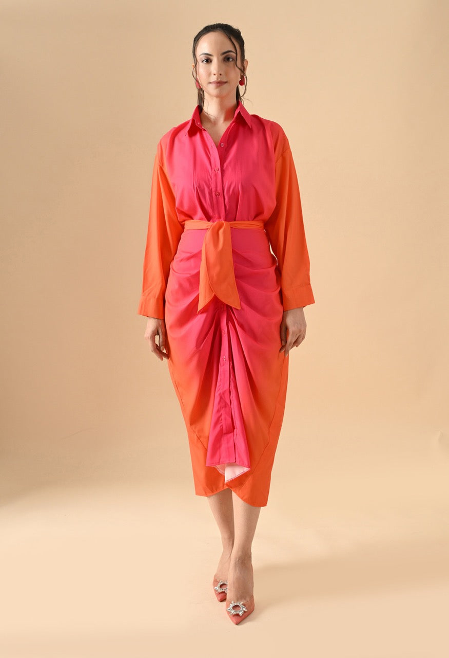 Pankh Rosie Casual Printed Tie Wrap Ruched Maxi Shirt Dress