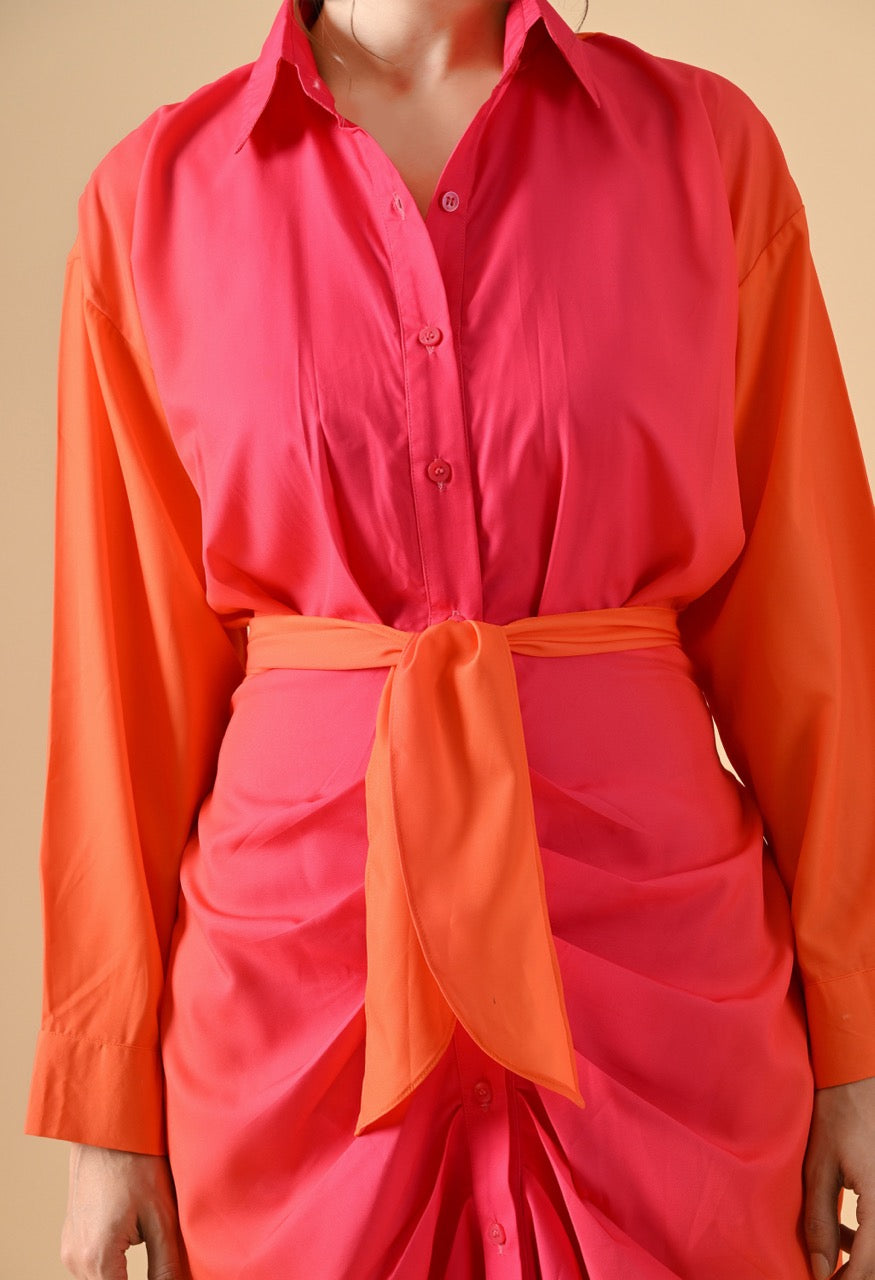 Pankh Rosie Casual Printed Tie Wrap Ruched Maxi Shirt Dress