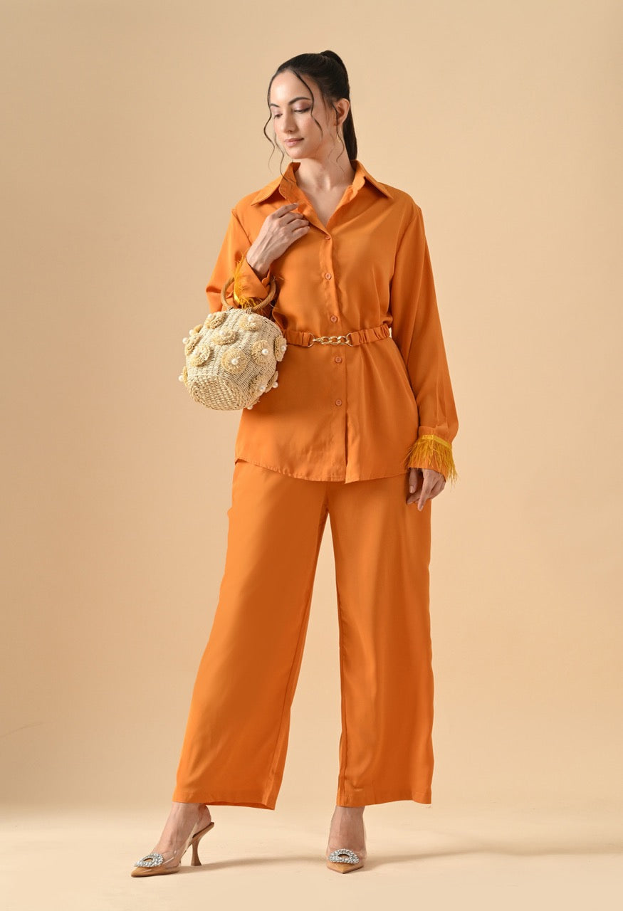 Pankh Efic Premium Satin Feather Sleeve Coord Set With Belt