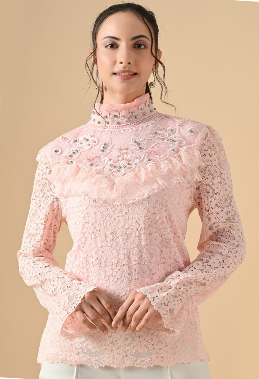 Pankh Silvia Pearl Neck Crocia Flower Shirt