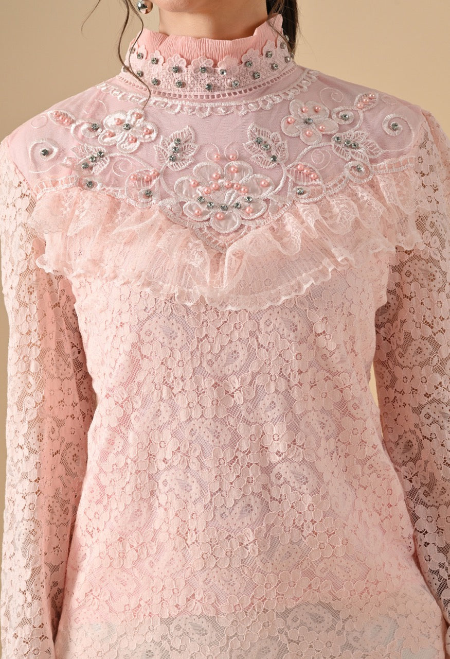 Pankh Silvia Pearl Neck Crocia Flower Shirt