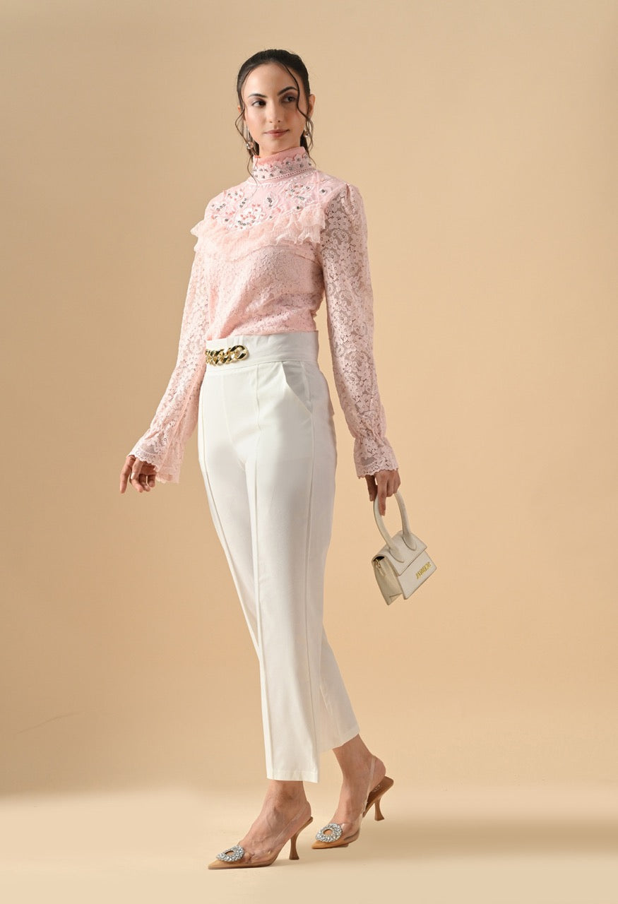 Pankh Silvia Pearl Neck Crocia Flower Shirt