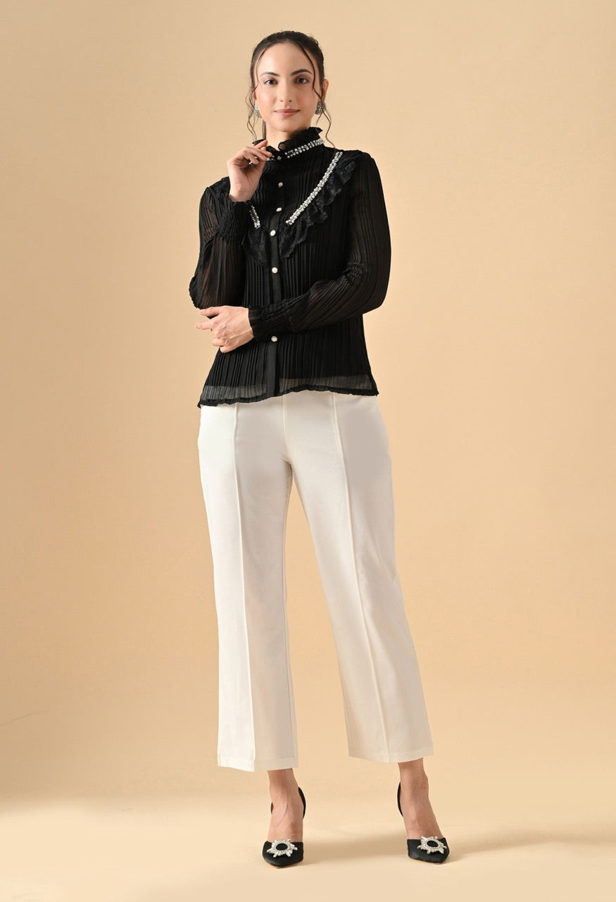 Pankh Flavie Front Neck Pearl Pleated Shirt