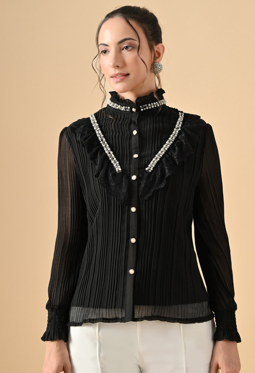 Pankh Flavie Front Neck Pearl Pleated Shirt