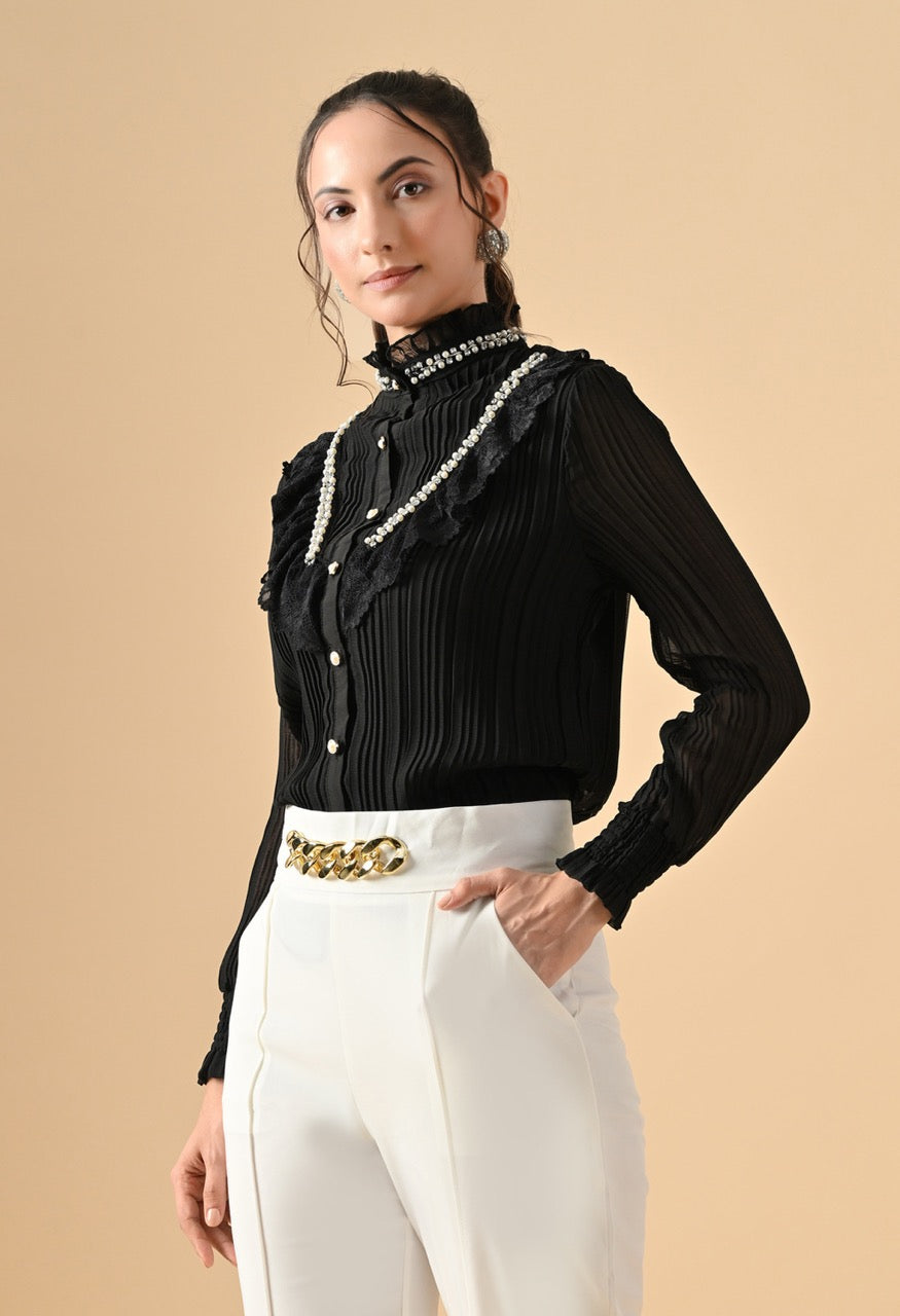 Pankh Flavie Front Neck Pearl Pleated Shirt