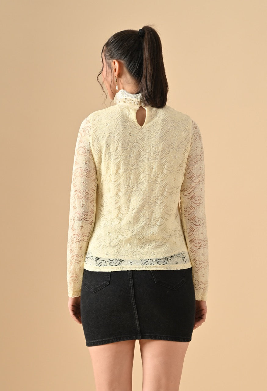 Pankh Nora Neck Pearl Embelished Lace Shirt