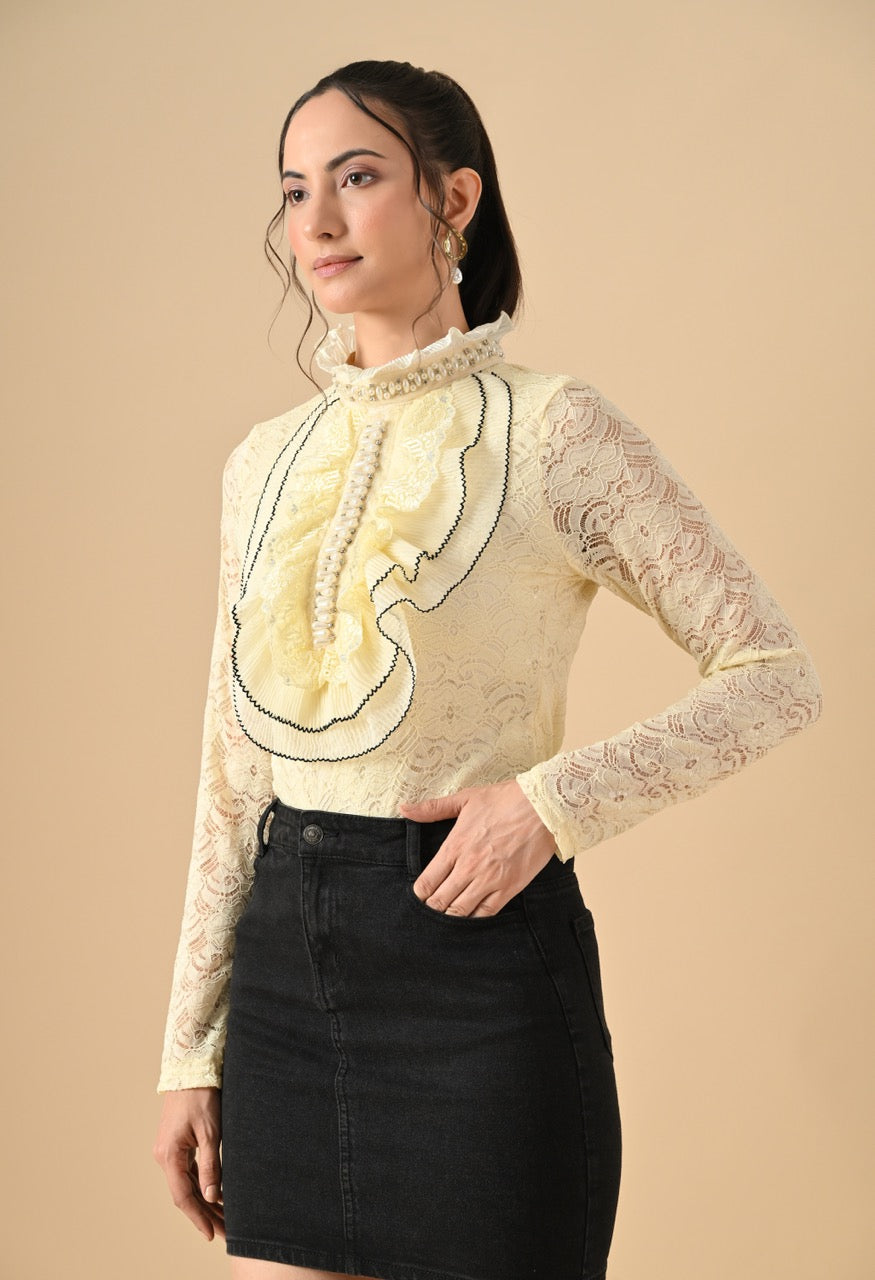 Pankh Nora Neck Pearl Embelished Lace Shirt