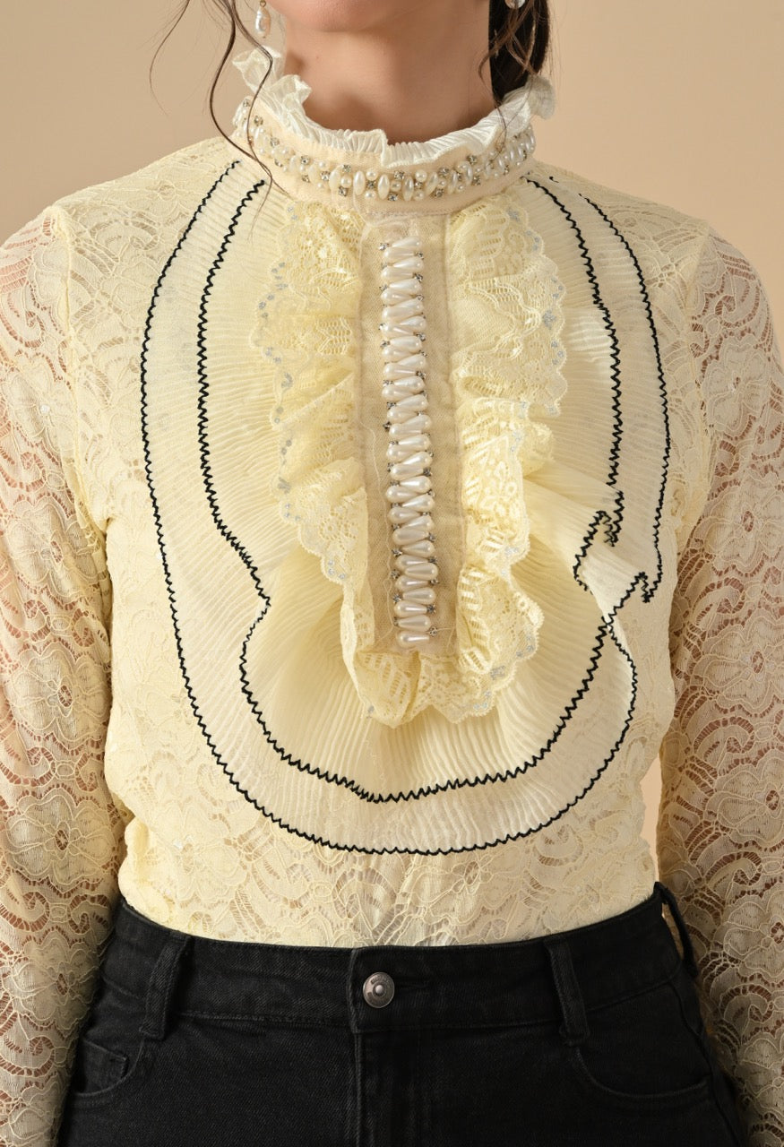 Pankh Nora Neck Pearl Embelished Lace Shirt