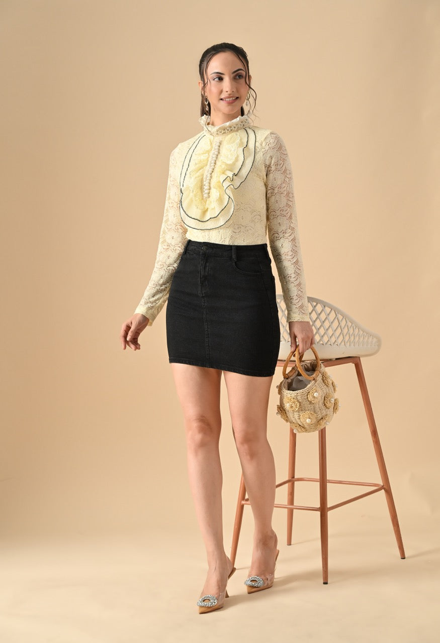 Pankh Nora Neck Pearl Embelished Lace Top Shirt