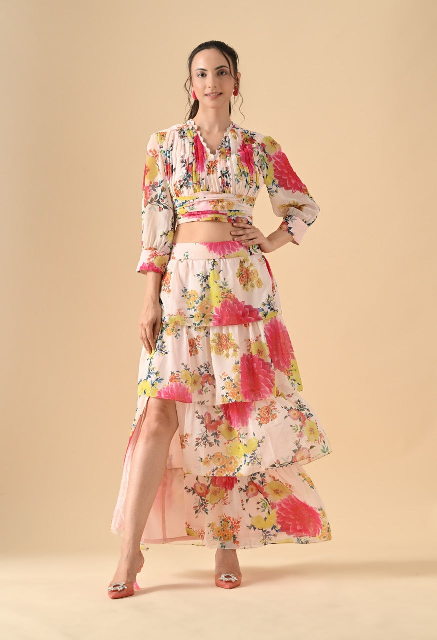 Pankh Wes Floral Printed Top And Slit Ruffle Skirt Set