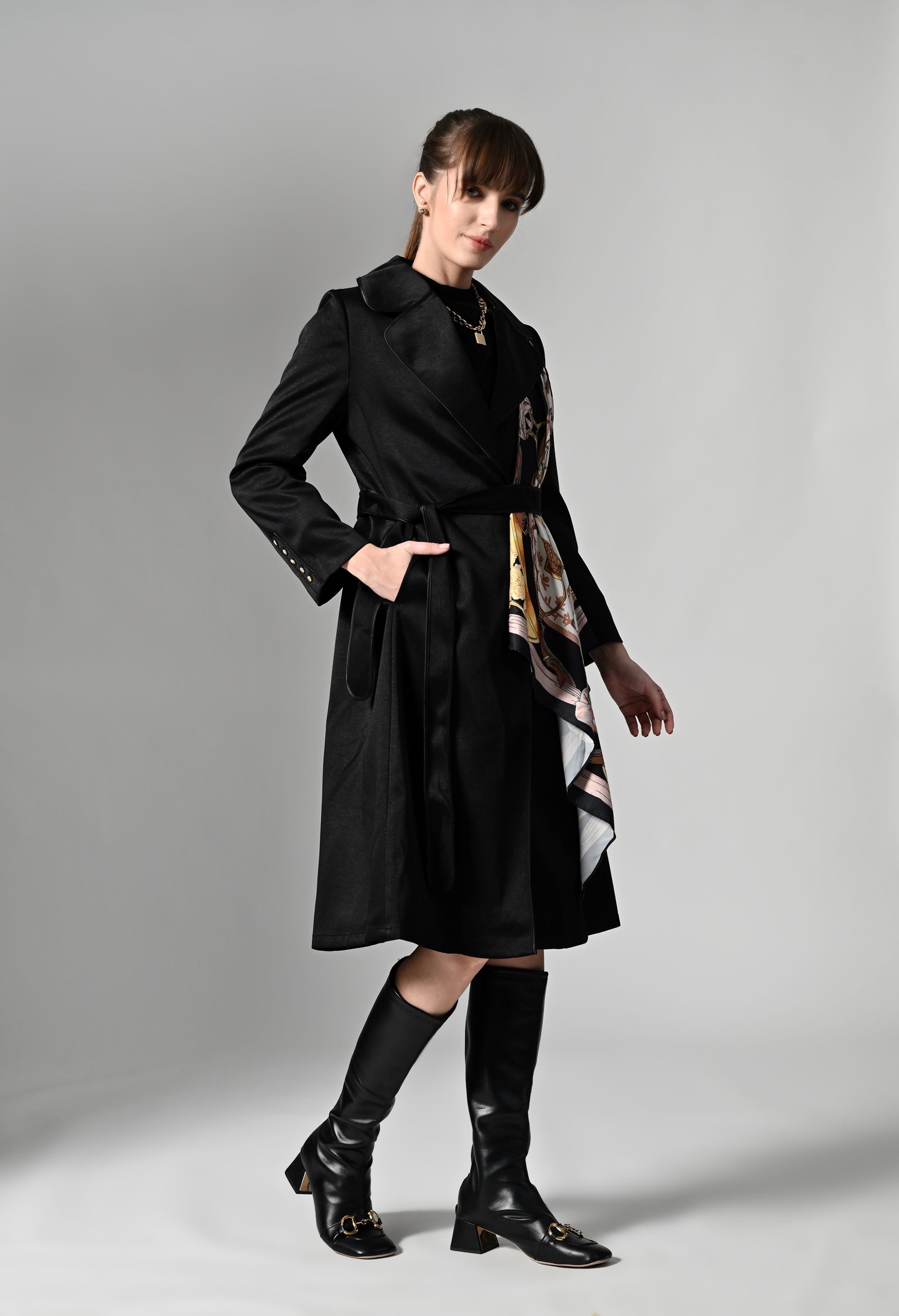 Pankh Perky Luxury Suede Blazer Overcoat With Detachable Scarf